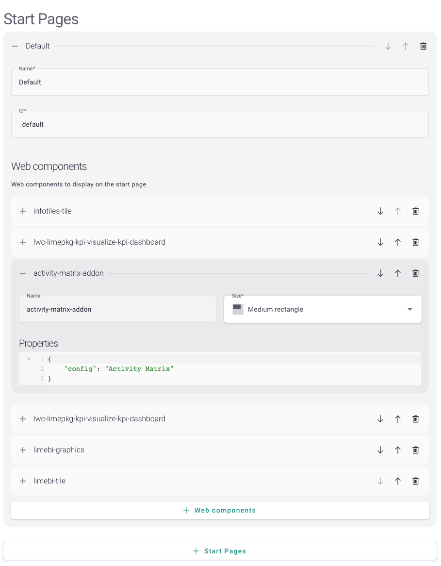A screenshot showing Start page configuration in Lime Admin.